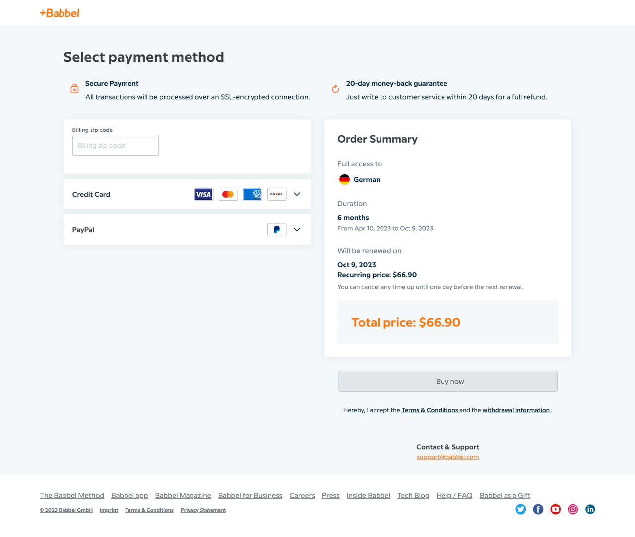 Babbel's Subscription Information Screen