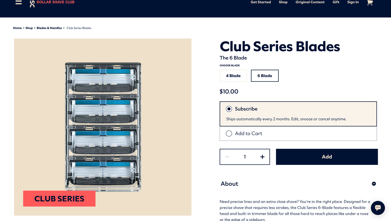 Dollar Shave Club product detail page